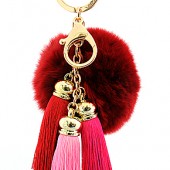 Key Chain - Rabbit Fur Pom Pom w/ Tassel - Burgundy