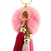 Key Chain - Rabbit Fur Pom Pom w/ Tassel - Pink